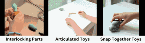 Hands clicking together interlocking parts, posing an articulated toy, and snapping pieces into place